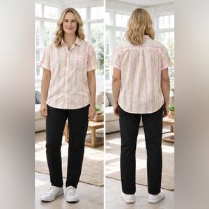Woman Within Pastel Stripe Short Sleeve Button-Front Blouse 3X  NWOT